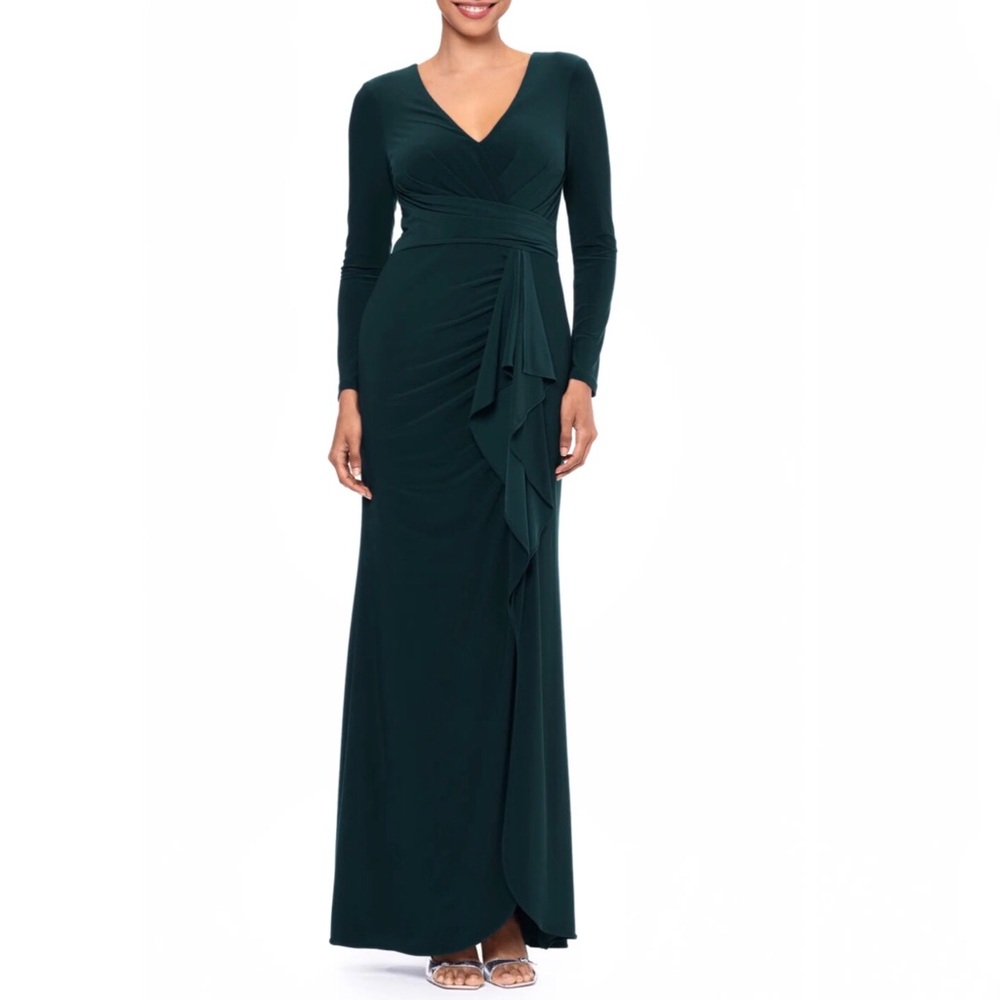Betsy And Adam Jersey Knit Gown Green Cascade Ruffle Long Sleeve V Neck Size 8